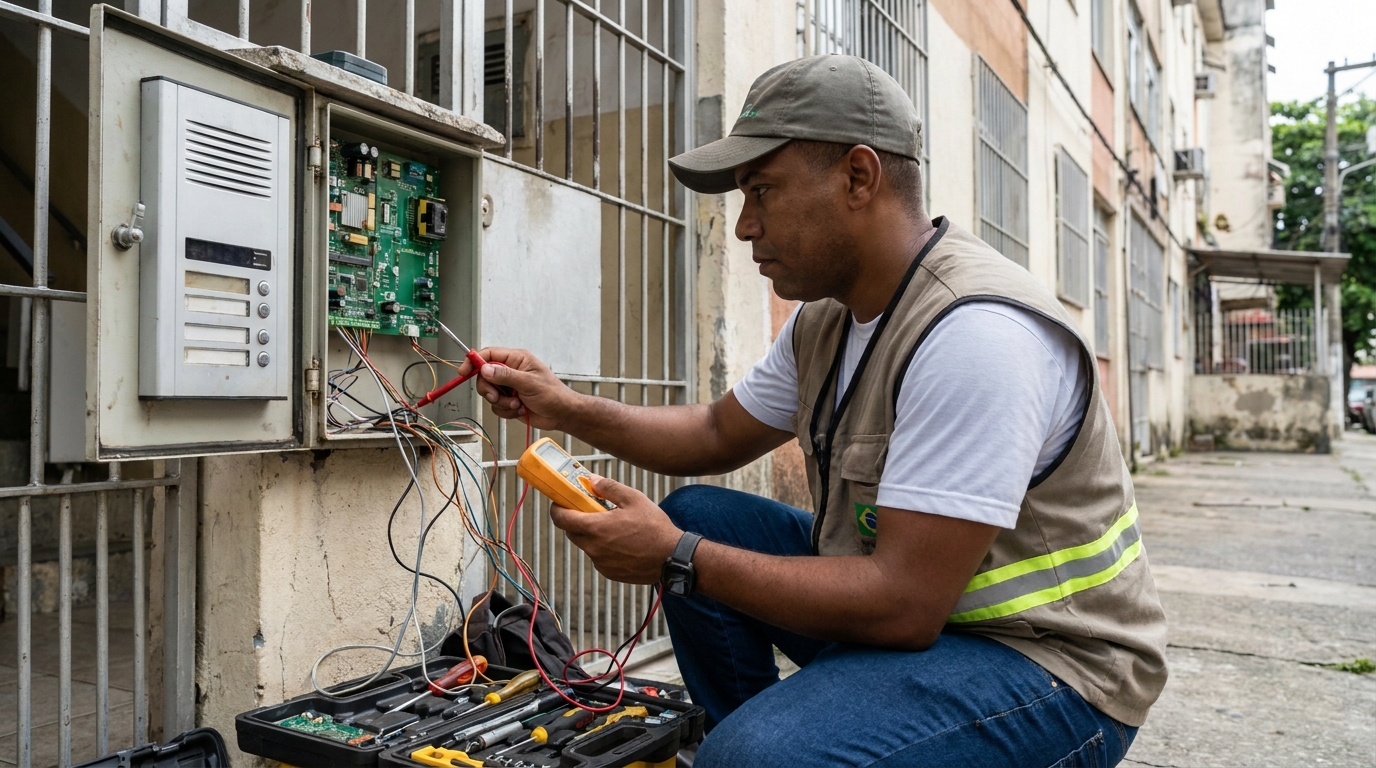 Eletricista consertando interfone em Praia Grande‑SP
