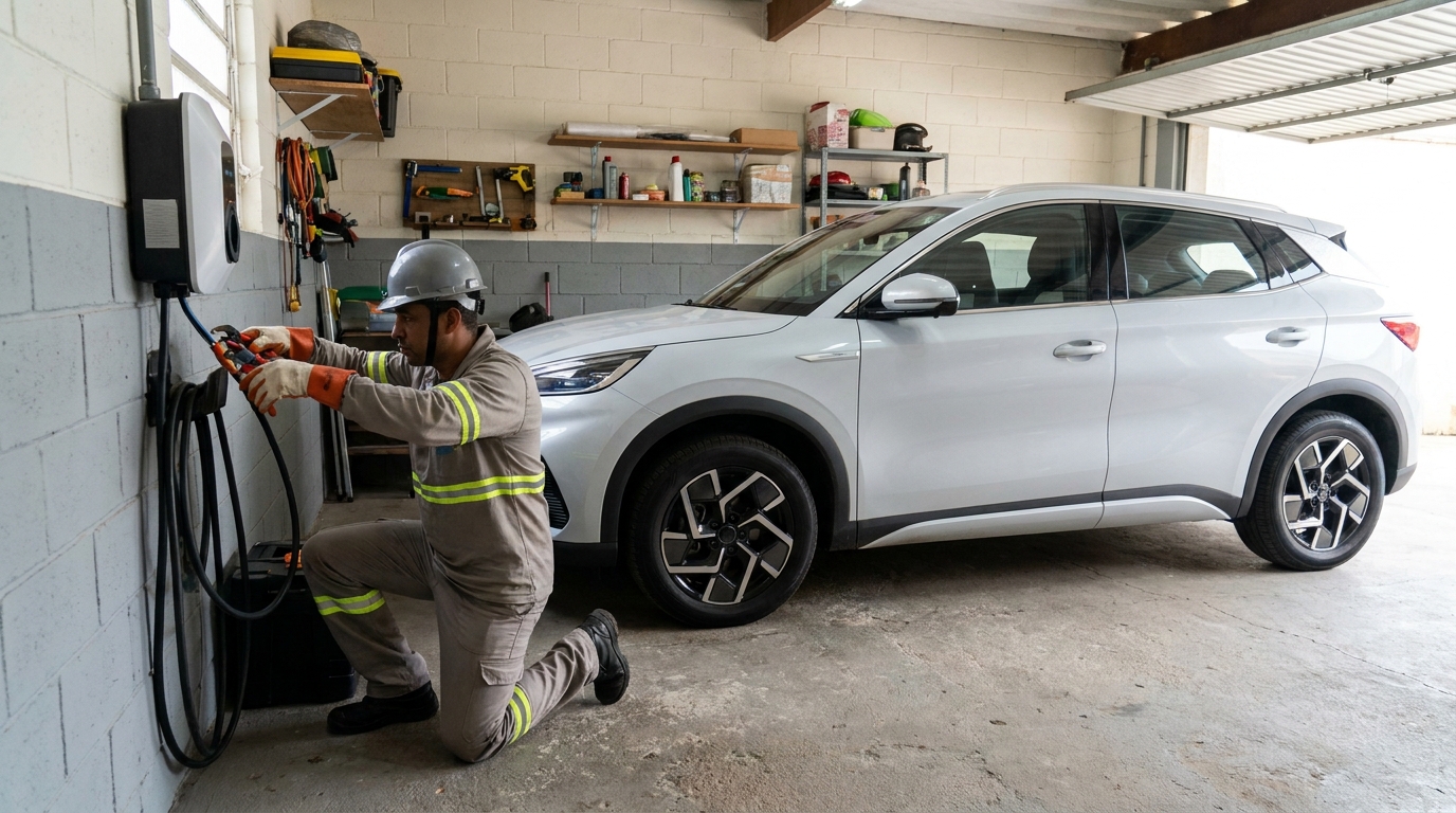 Eletricista instalando carregador de carro eletrico em Praia Grande‑SP