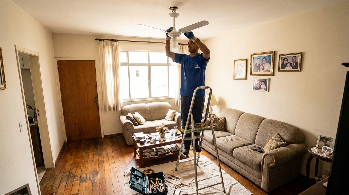 Eletricista instalando ventilador de teto em Praia Grande‑SP