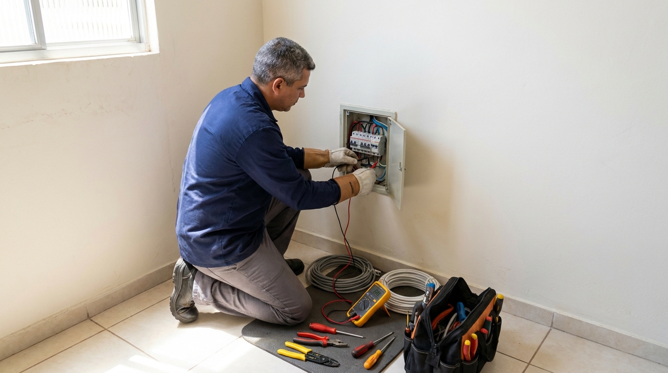 Eletricista realizando manutencao em Praia Grande‑SP